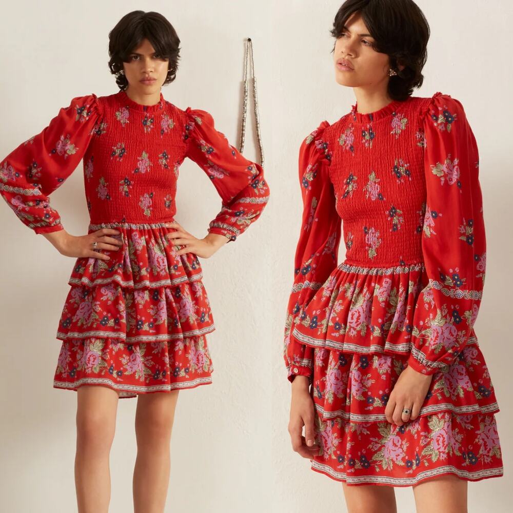 NWT Alix of Bohemia Dress Floral Red Selma Carmine Smocked Long Sleeve Dress XS‎